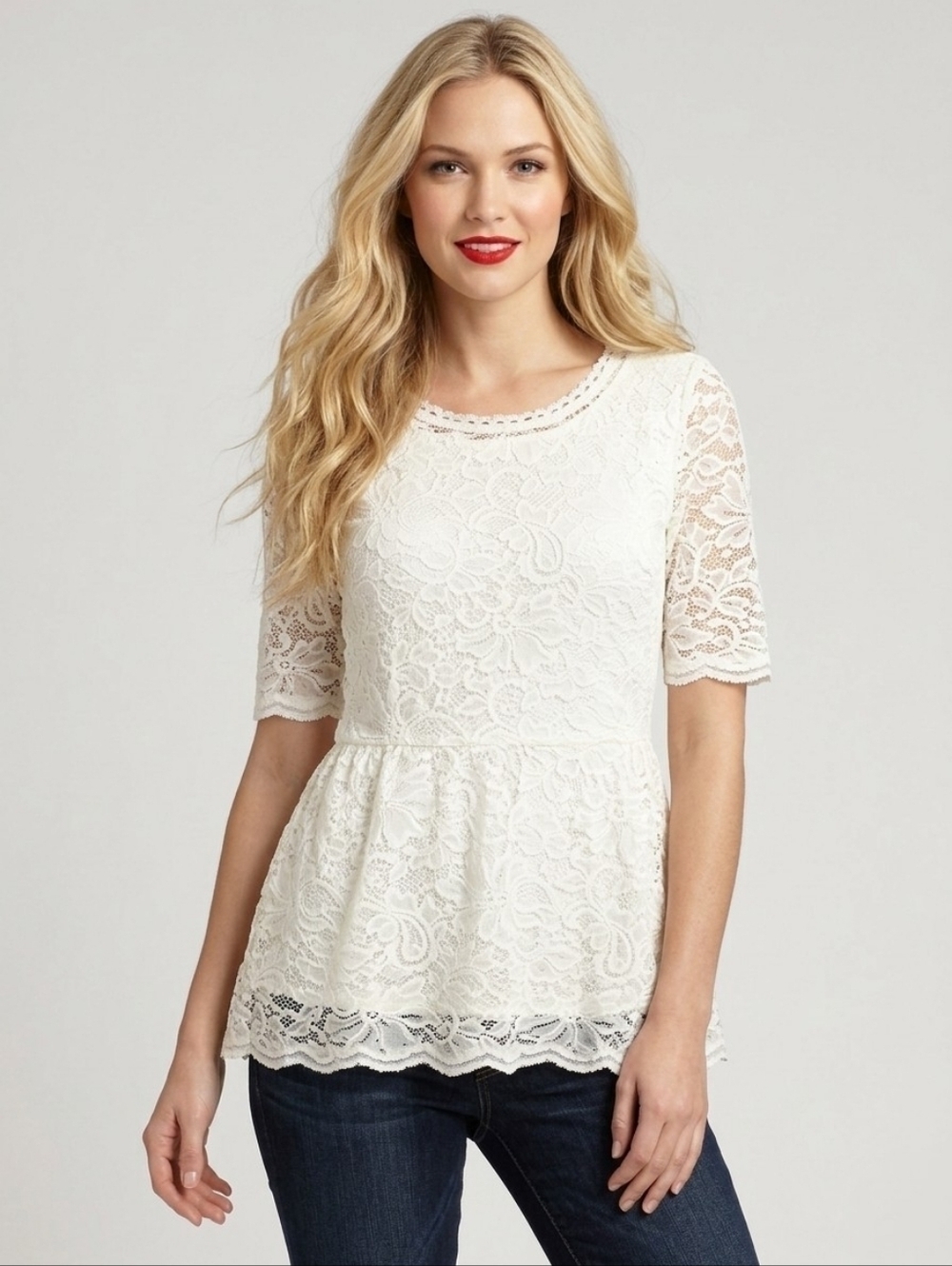 Isaac Mizrahi Live! XS Pearl White Elbow-Sleeve Stretch Lace Peplum Knit Top